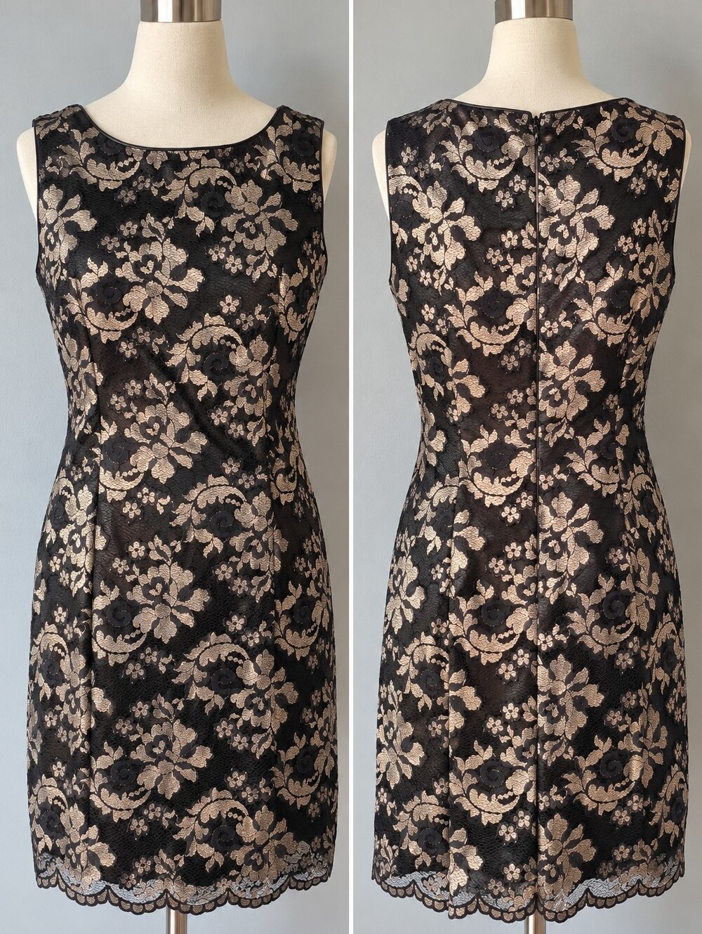 Vintage 90s Hugo Buscati Collection Black & Gold Lace Sheath Dress – Size 6 🖤✨